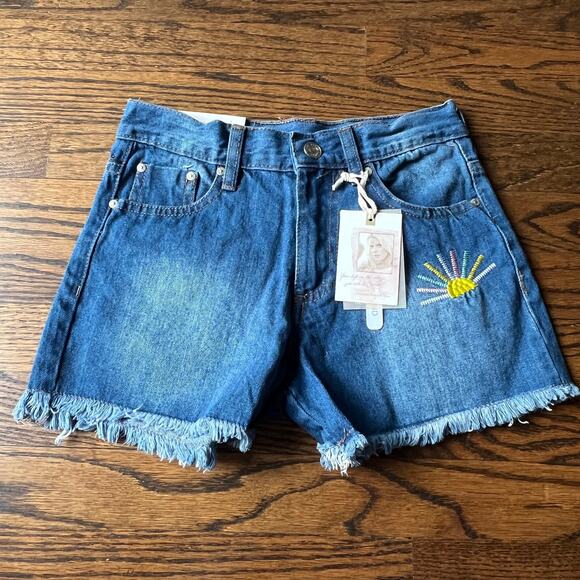 New Jessica Simpson Girl's Embroidered Sunshine Fringe Denim Jean Shorts - 10 - Picture 1 of 6